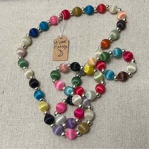 Vintage Rainbow Satin Wrapped Glass Bead Necklace
